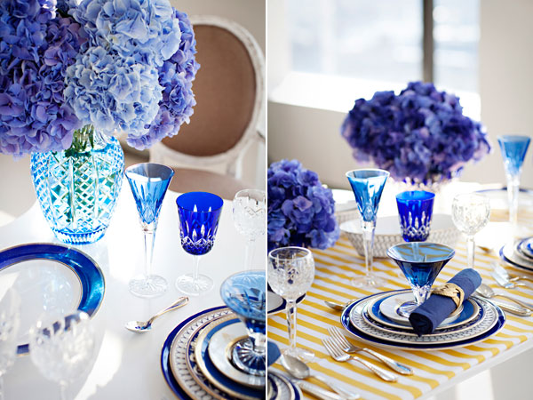 Blue Hydrangea and Blue Crystal Wedding Table Setting Idea