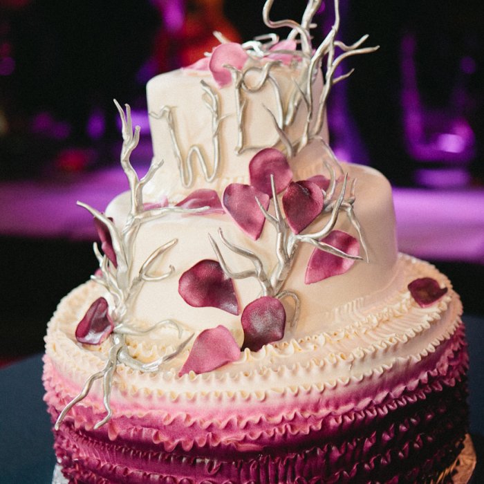 Purple ruffled ombre wedding cake