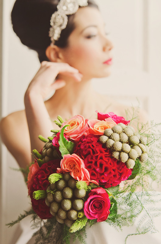 Red coxcomb and roses bouquet