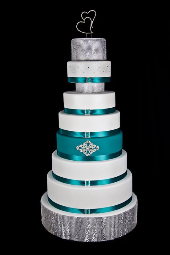 White, Teal and Silver Wedding Cake